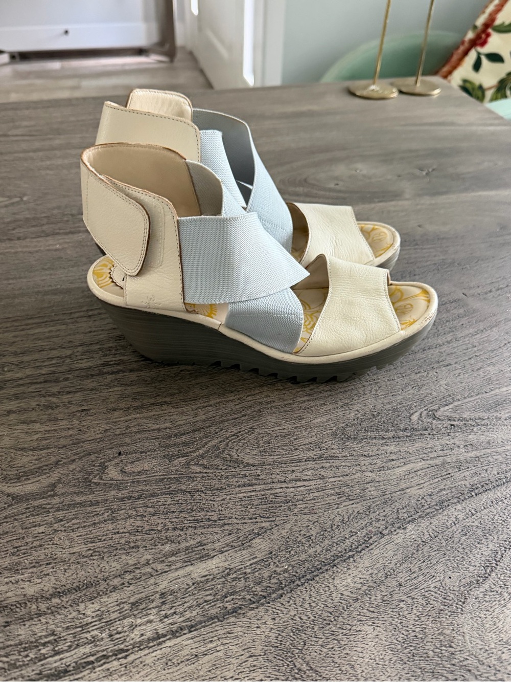 Fly London Cream and Light Blue Crisscross Wedge Sandals - Picture 2 of 11